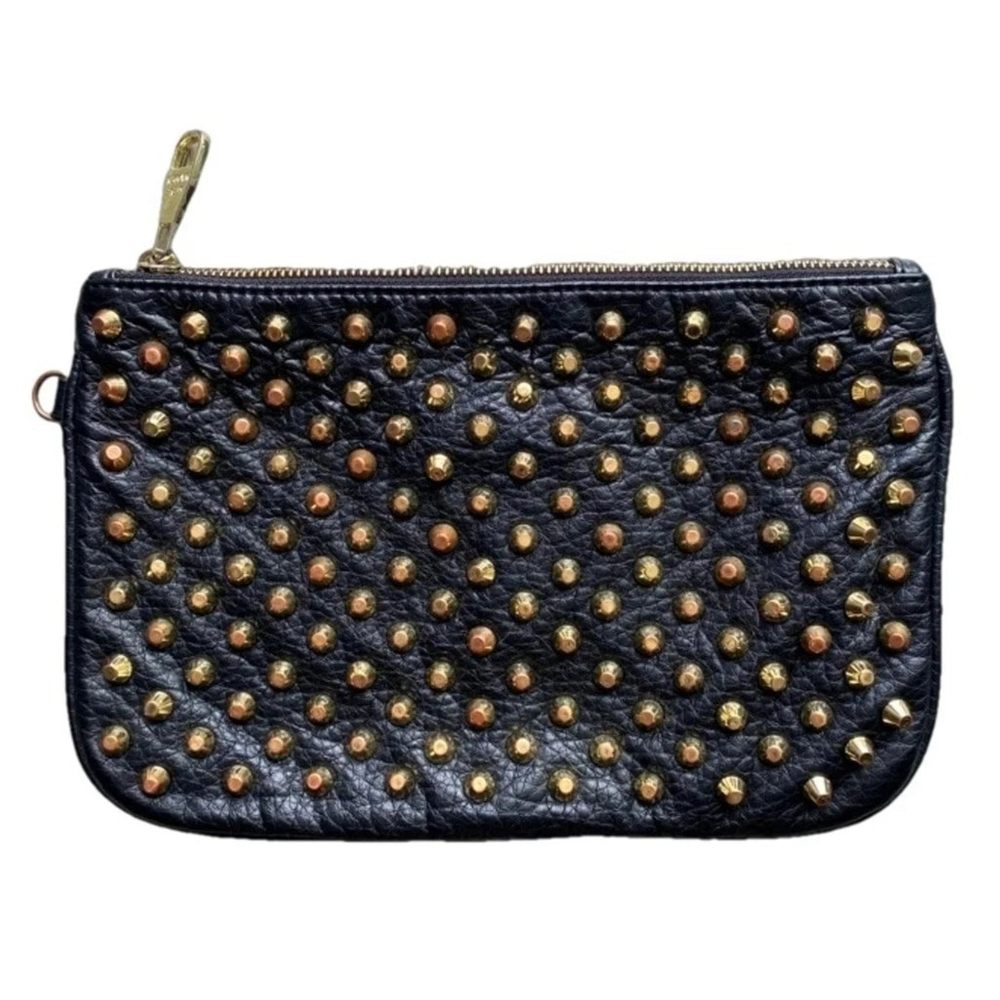Steve Madden Black Leather Gold Studded Clutch Purse Wristlet Evening Bag